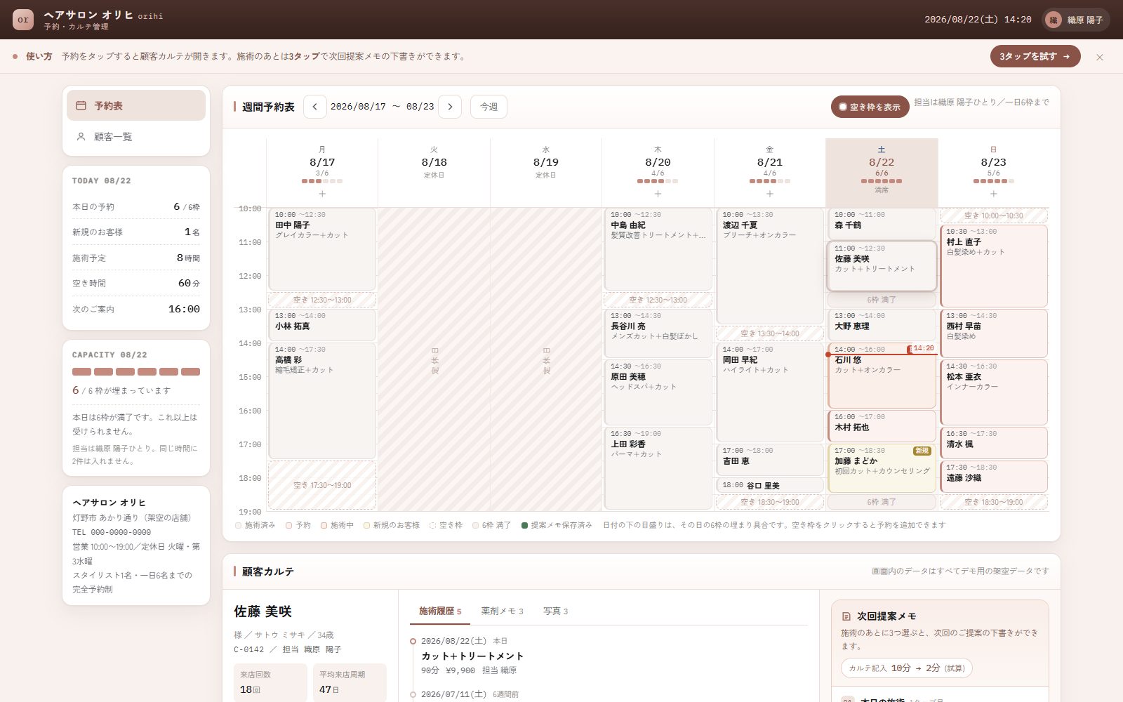 予約管理と顧客カルテのデモ画面。週間予約表に予約が1本の時間軸で並び、左側に本日の予約件数と6枠の埋まり具合が出ている