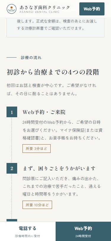 スマホ版LPの診療の流れ。各段階に番号・見出し・説明・所要時間の目安が縦に積まれている
