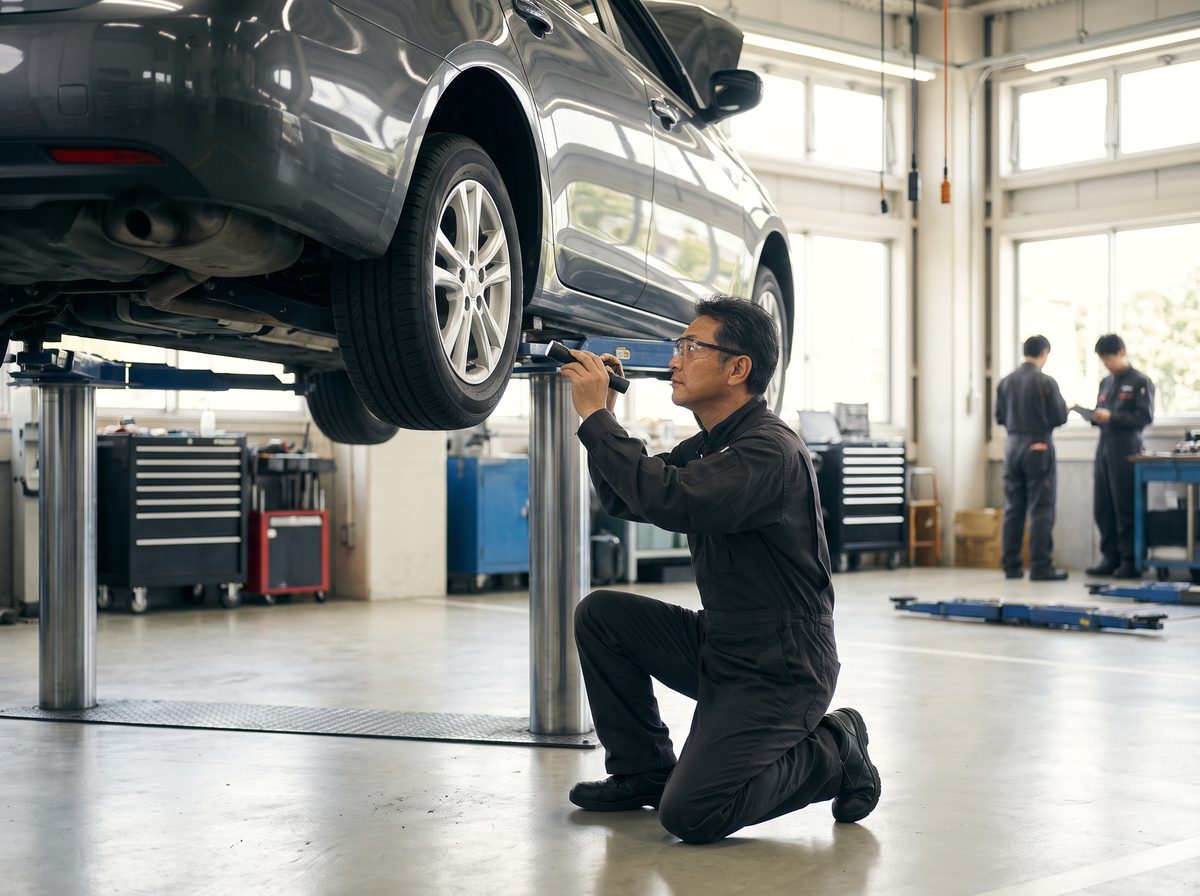 リフトに上げた車の下回りを点検する整備士