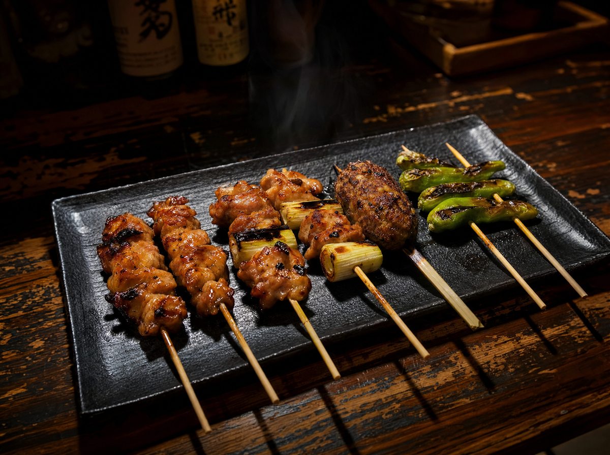 黒い石皿に並んだ焼きたての焼鳥盛り合わせ