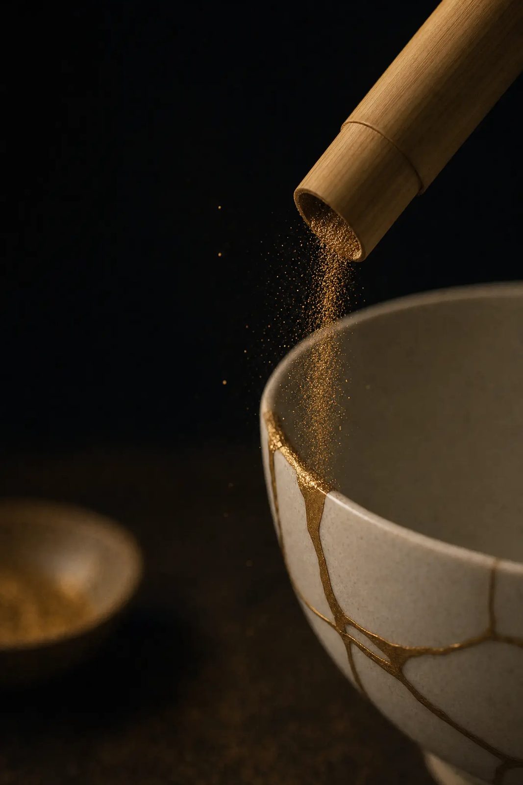 粉筒から金粉が継ぎ目へ降っている